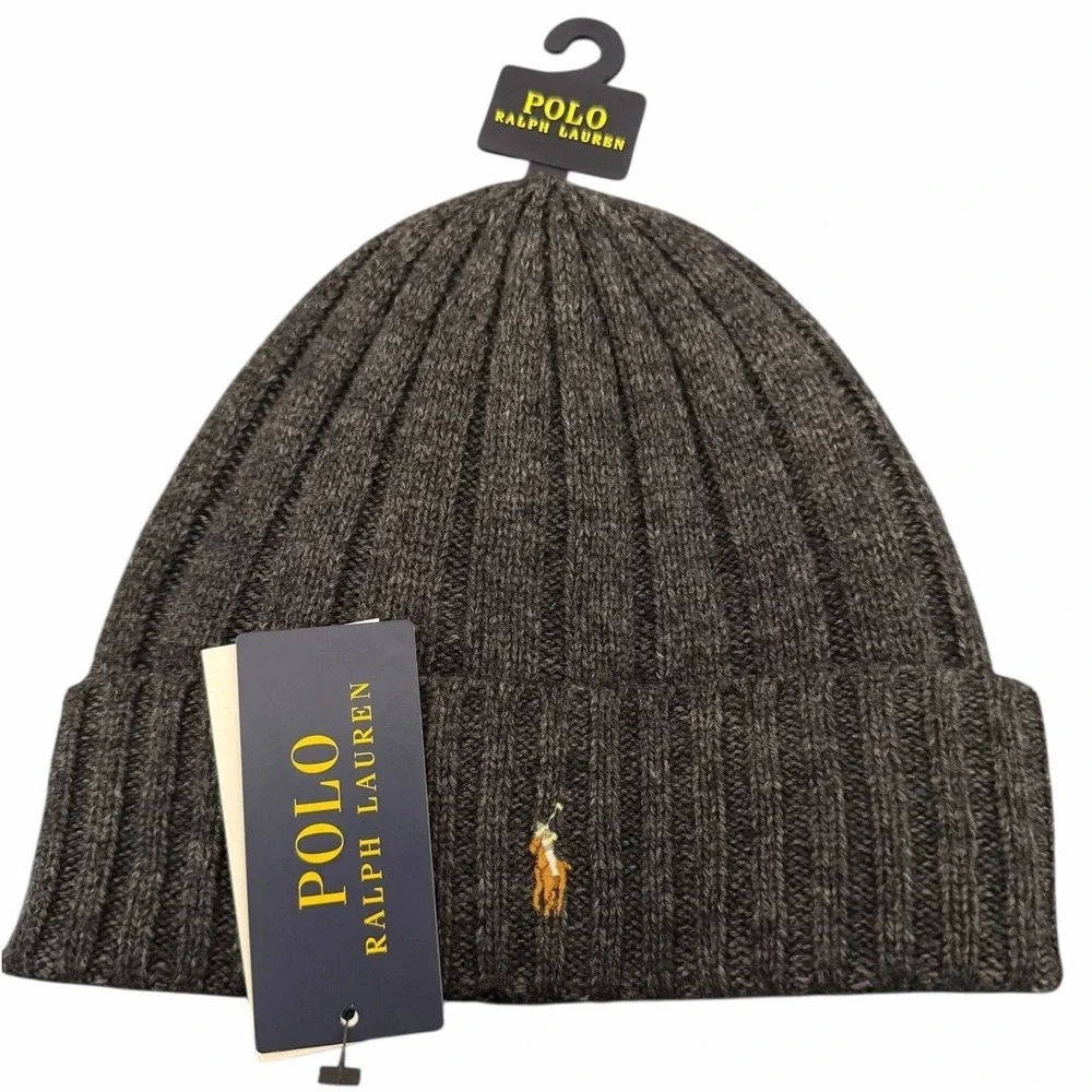 Polo Ralph Lauren Mens Grey Wool Blend Ribbed Cuff Knit Beanie Hat RL Flesh Pony